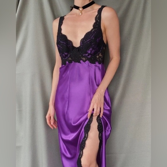 Victoria’s Secret Silky Satin Purple Black Lace Slip Dress Size Large - Picture 2 of 14